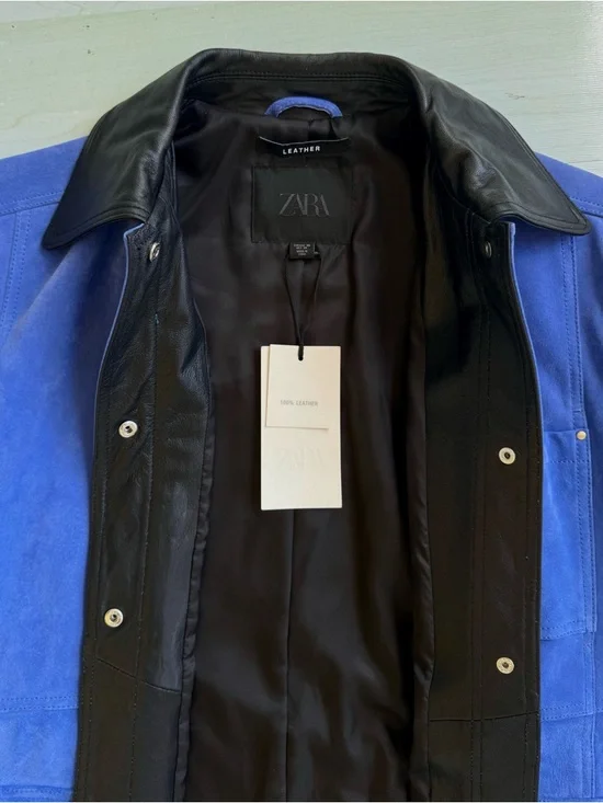NWT Zara Electric Blue Suede Jacket with Black Leather Collar - Picture 11 of 16